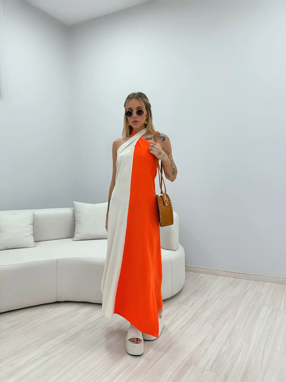 VESTIDO PAOLA DUAS CORES LARANJA - 0047980068 - CAROLLA FERRARO