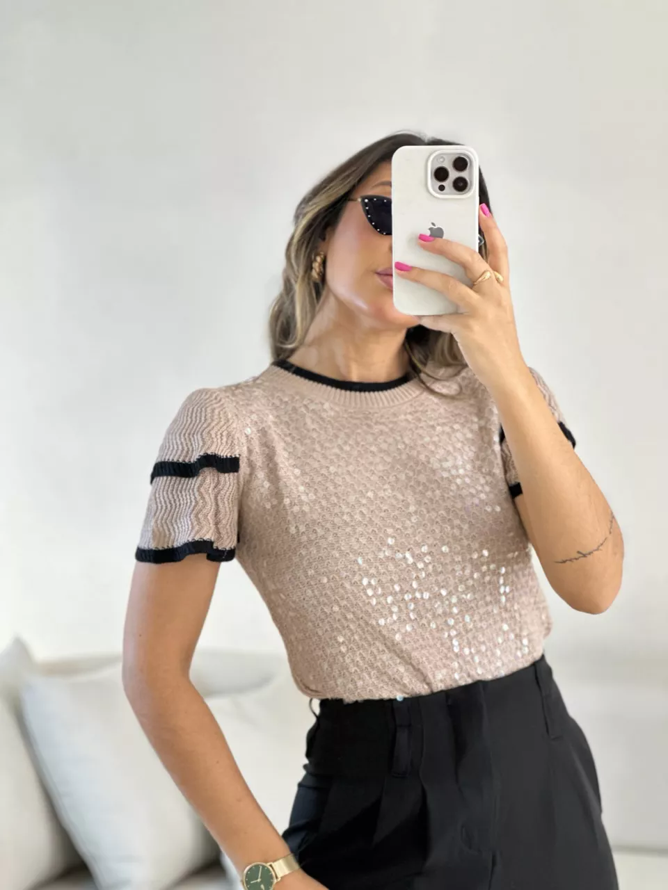 BLUSA SOFIA TRICOT PAETÊ Nude - 0054670049 - CAROLLA FERRARO