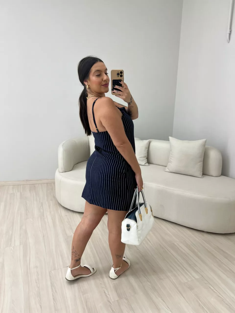 VESTIDO RISCA DE GIZ CURTO MARINHO