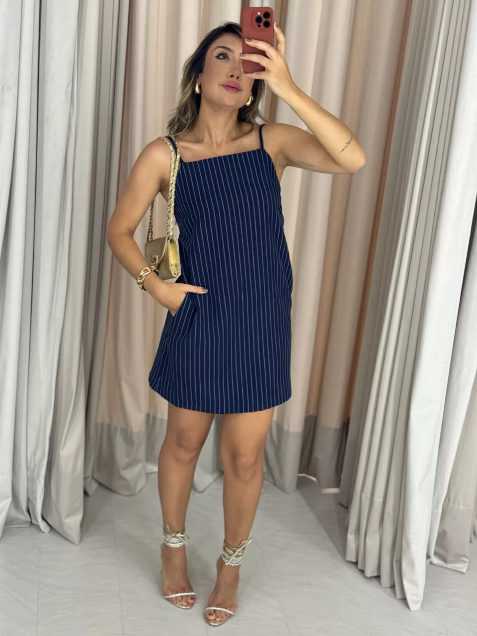 VESTIDO RISCA DE GIZ CURTO MARINHO