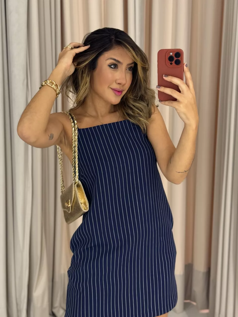 VESTIDO RISCA DE GIZ CURTO MARINHO