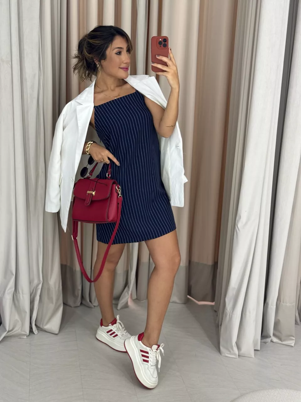 VESTIDO RISCA DE GIZ CURTO MARINHO