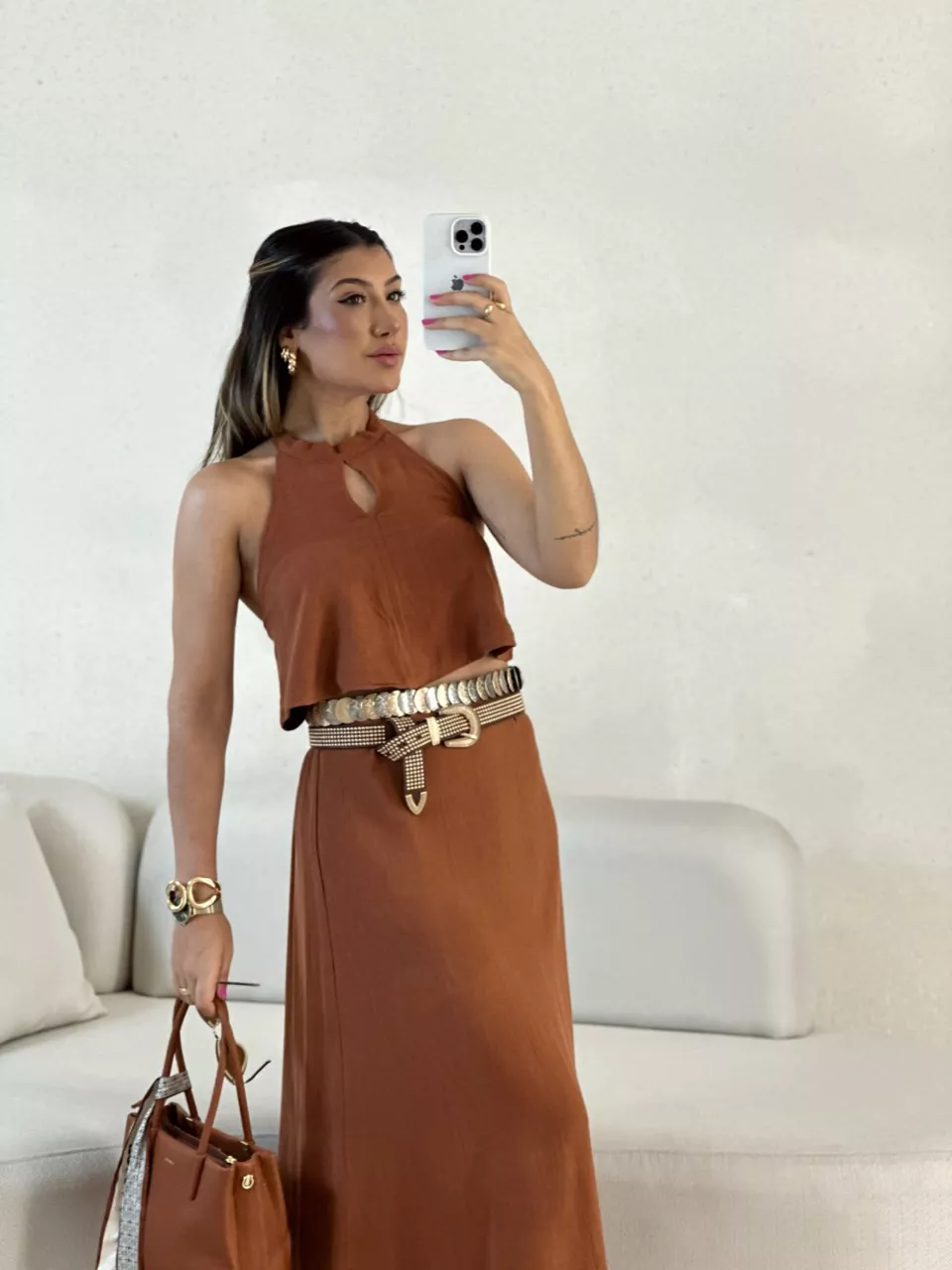 CONJUNTO LINHO SAIA LONGA MARROM