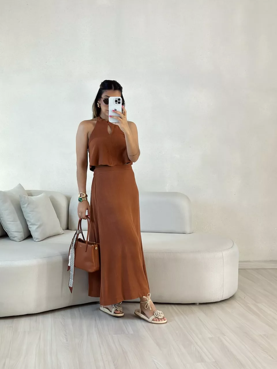 CONJUNTO LINHO SAIA LONGA MARROM