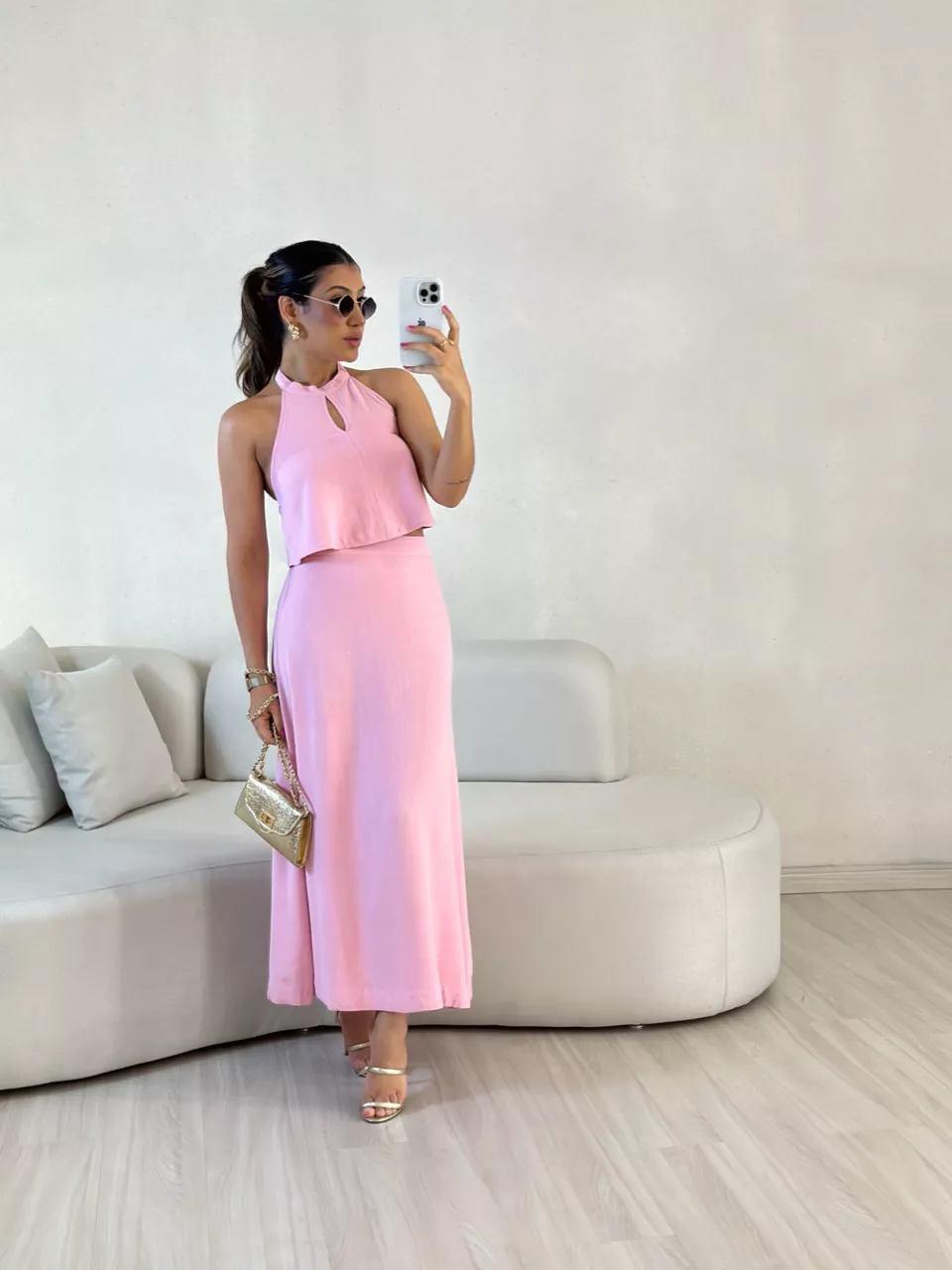 CONJUNTO LINHO SAIA LONGA ROSÊ - 0054680025 - CAROLLA FERRARO