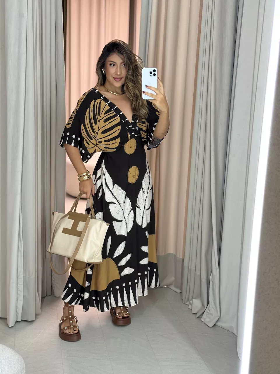VESTIDO TAUANY ESTAMPADO MARROM - 0064940054 - CAROLLA FERRARO