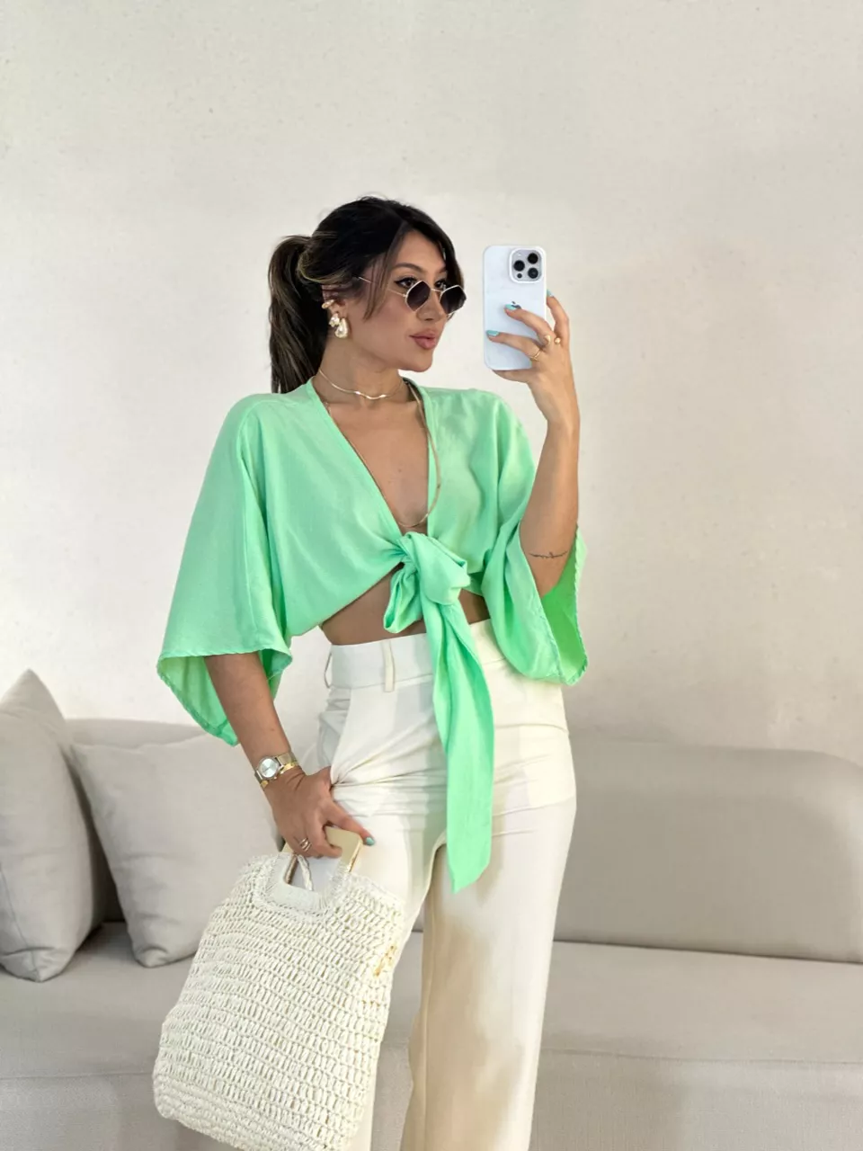 CROPPED FELÍCIA AMARRAÇÃO VERDE CLARO