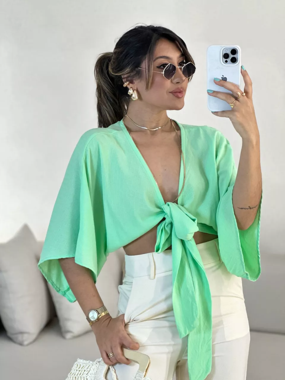 CROPPED FELÍCIA AMARRAÇÃO VERDE CLARO