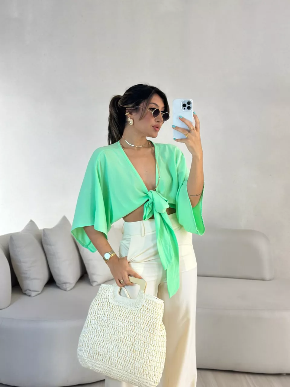 CROPPED FELÍCIA AMARRAÇÃO VERDE CLARO