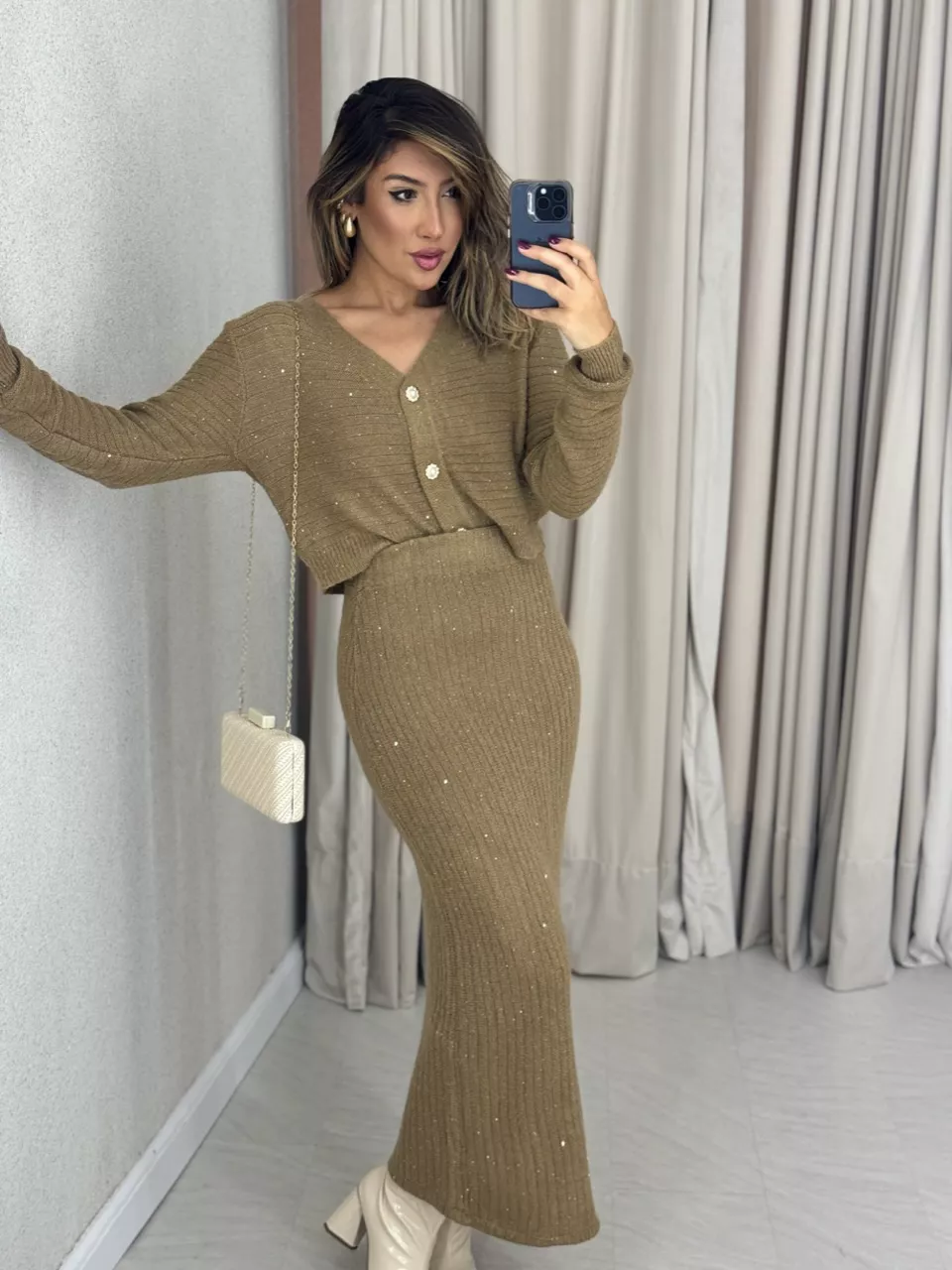 CONJUNTO TRICOT MINI PAETÊ CAPUCCINO - 0050290125 - CAROLLA FERRARO