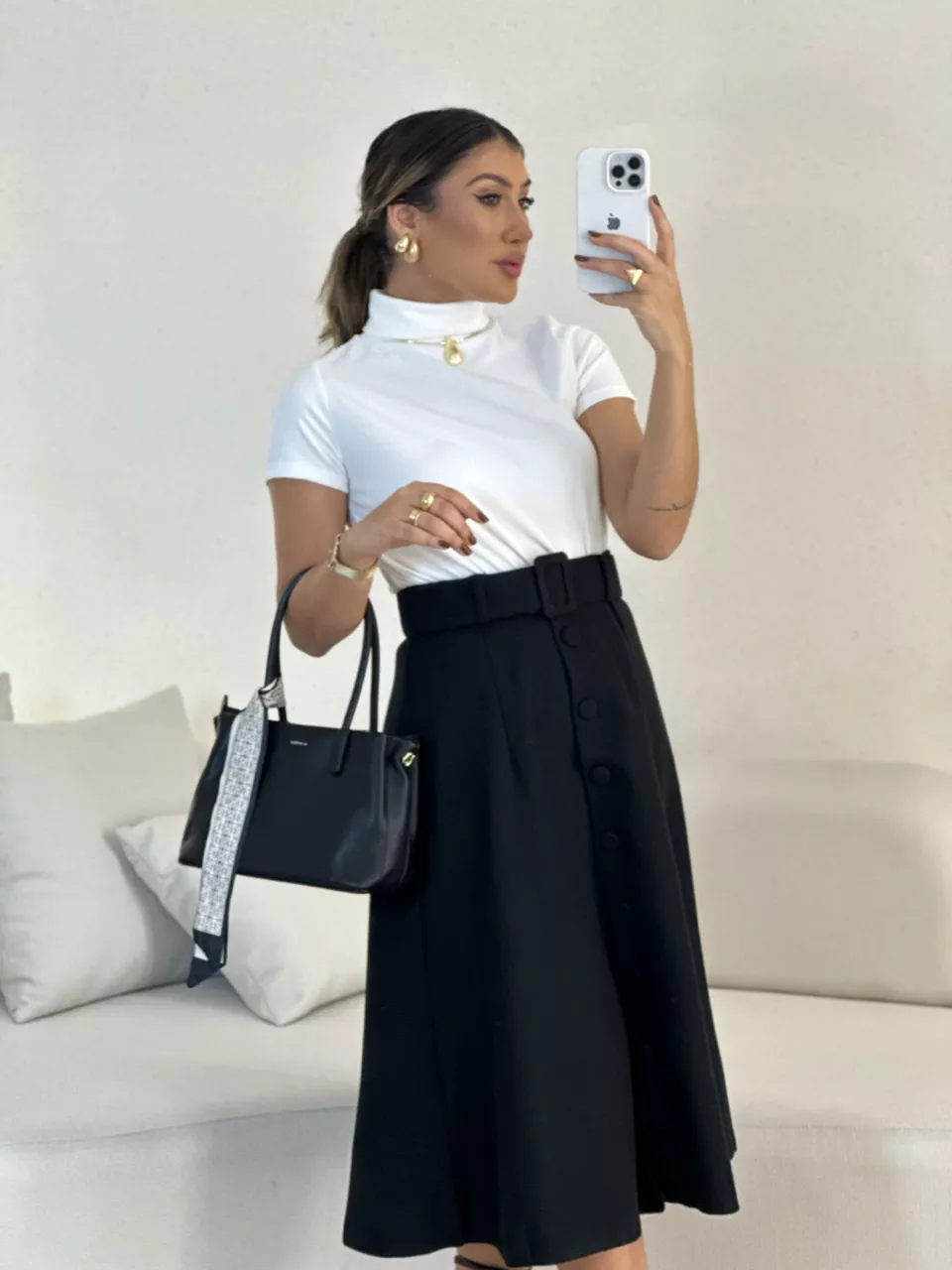 SAIA MIDI LÃ BATIDA PRETA - 0053590033 - CAROLLA FERRARO