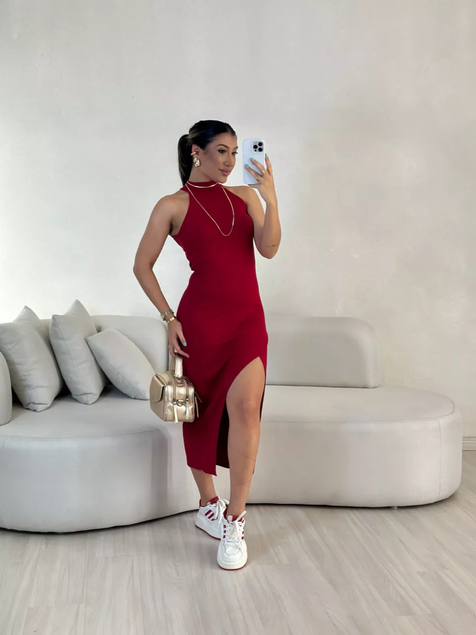 VESTIDO FÁTIMA MIDI FENDA VERMELHO