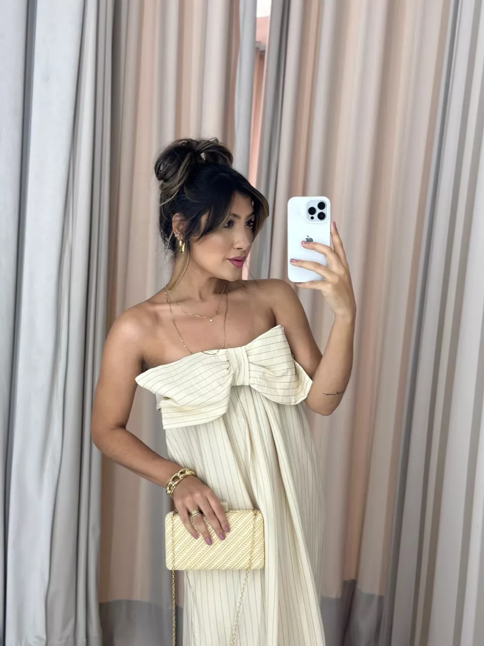 VESTIDO LAÇO RISCA DE GIZ MARFIM