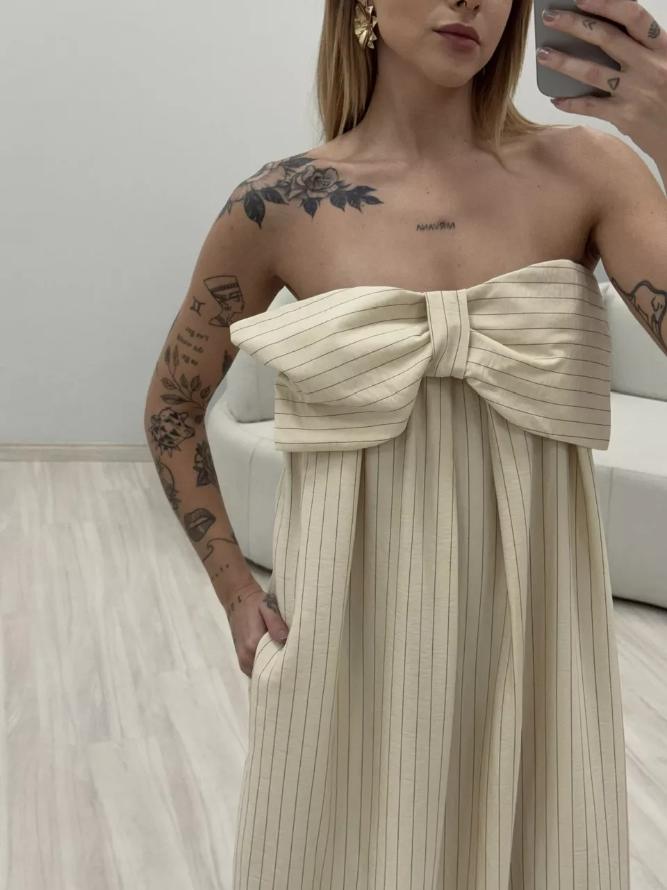 VESTIDO LAÇO RISCA DE GIZ MARFIM