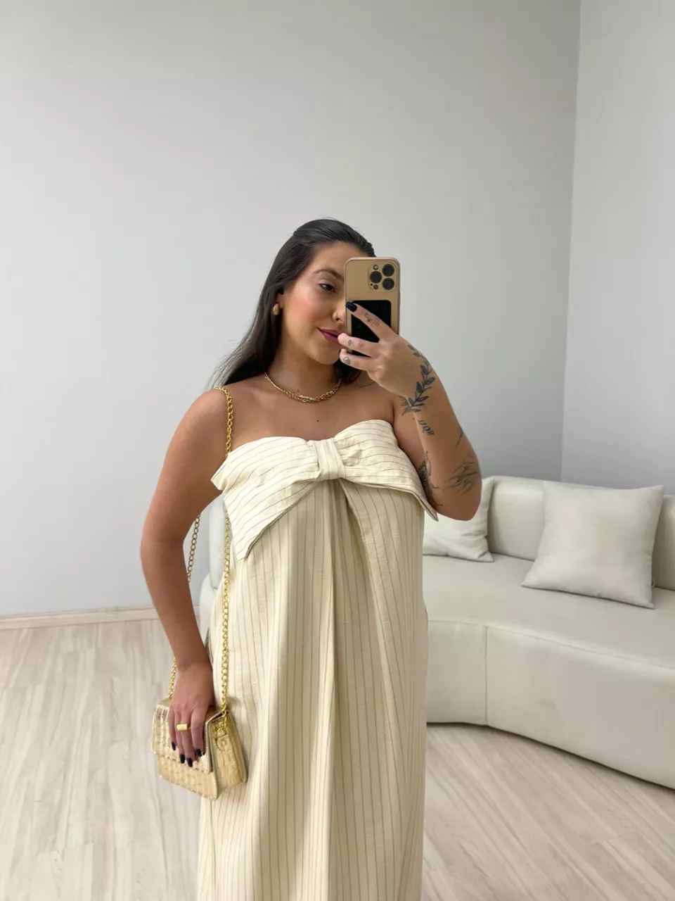 VESTIDO LAÇO RISCA DE GIZ MARFIM
