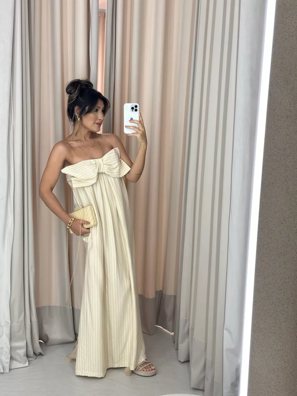 VESTIDO LAÇO RISCA DE GIZ MARFIM