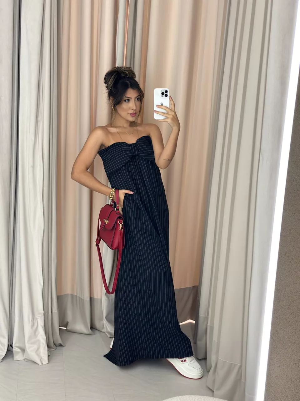 VESTIDO LAÇO RISCA DE GIZ PRETO