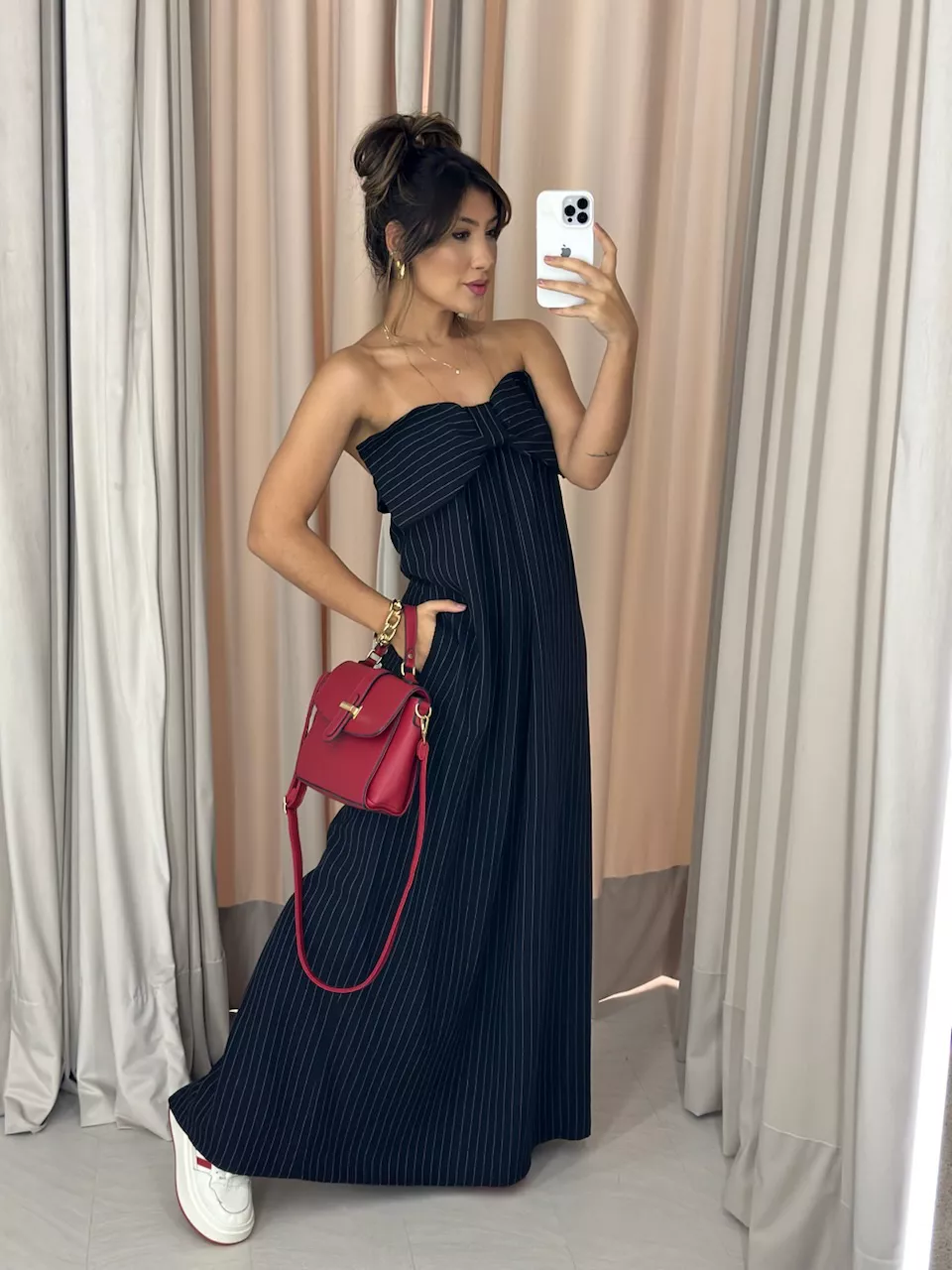 VESTIDO LAÇO RISCA DE GIZ PRETO