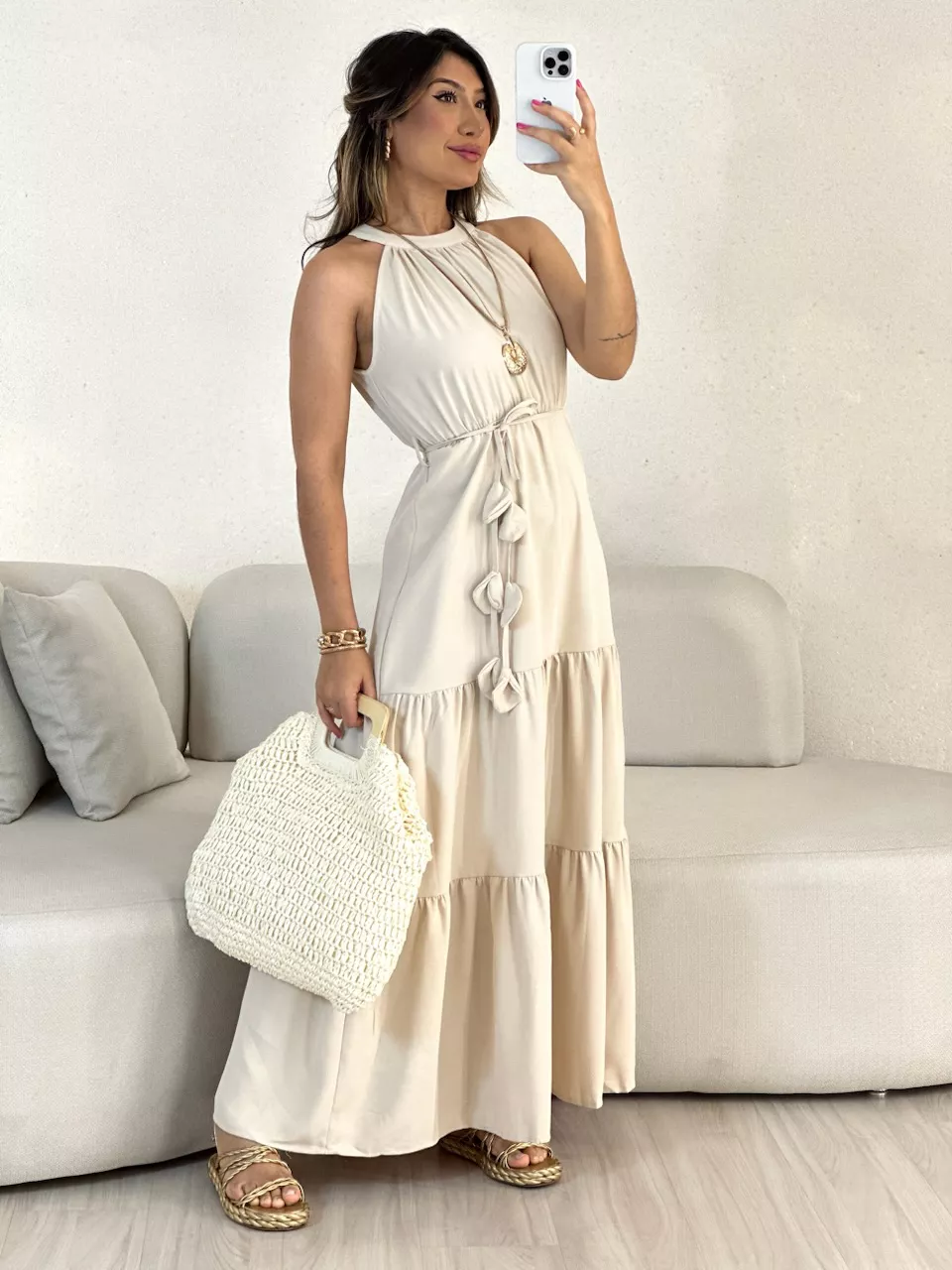 VESTIDO DAIANA LONGUETE AREIA - 0054730110 - CAROLLA FERRARO