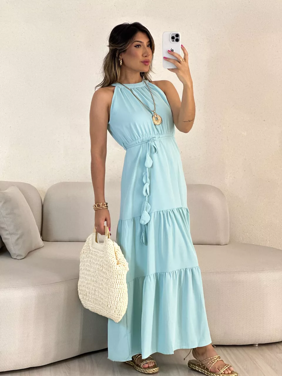 VESTIDO DAIANA LONGUETE VERDE AGUA - 0054730121 - CAROLLA FERRARO