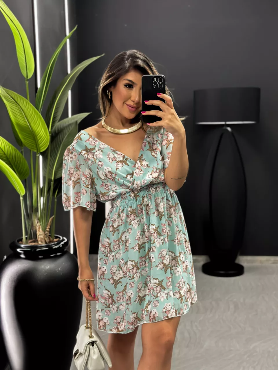 VESTIDO FLORES CURTO LASTEX AZUL - 0044850109 - CAROLLA FERRARO