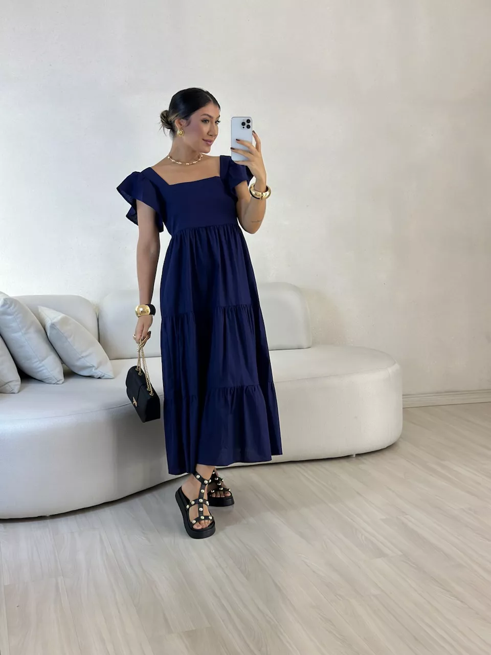 VESTIDO VILMA babados marinho - 0057980055 - CAROLLA FERRARO
