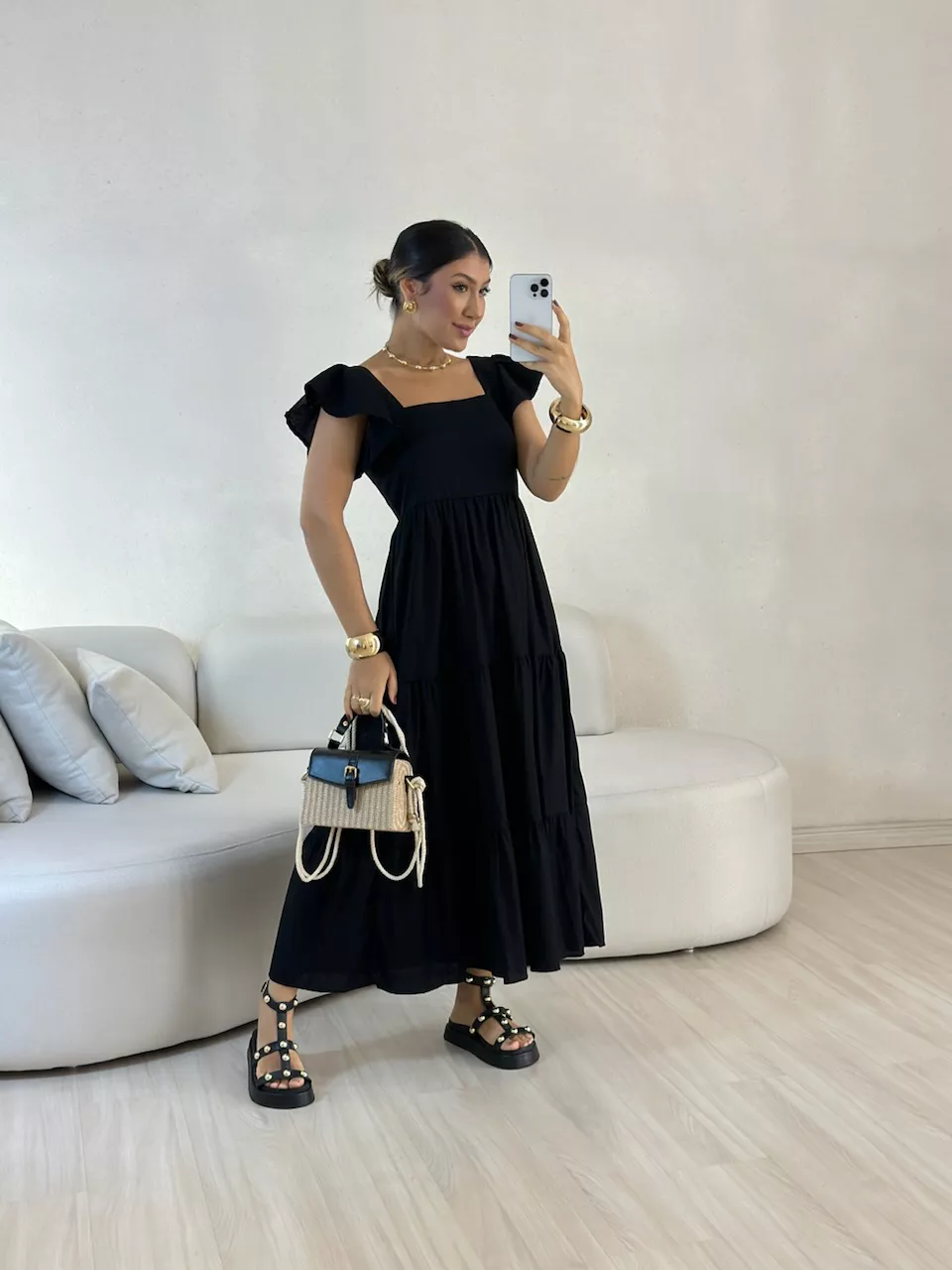 VESTIDO VILMA babados preto - 0057980032 - CAROLLA FERRARO