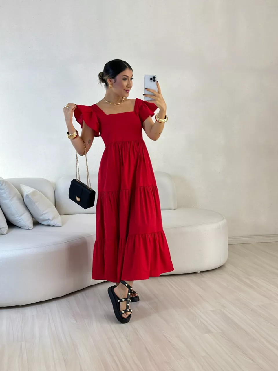 VESTIDO VILMA babados vermelho - 0057980006 - CAROLLA FERRARO