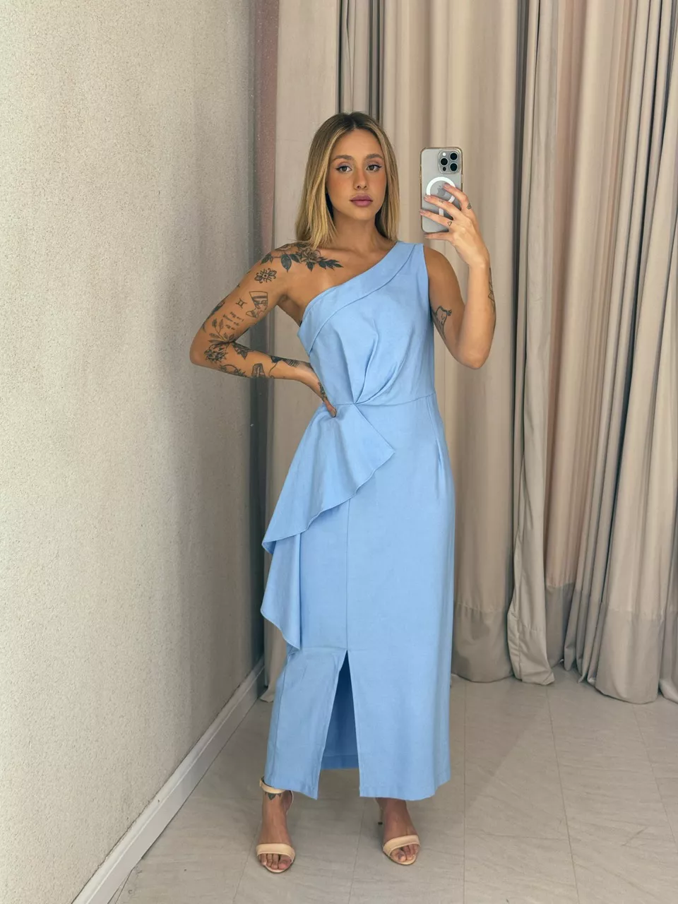 VESTIDO SILVANA NULA MANGA AZUL - 0059030109 - CAROLLA FERRARO