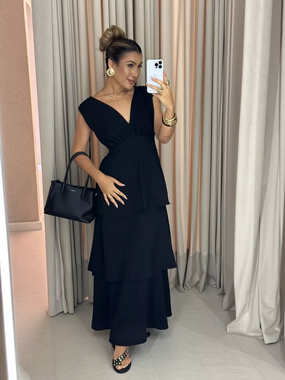 VESTIDO CLARA BABADOS PRETO - 0060740032 - CAROLLA FERRARO