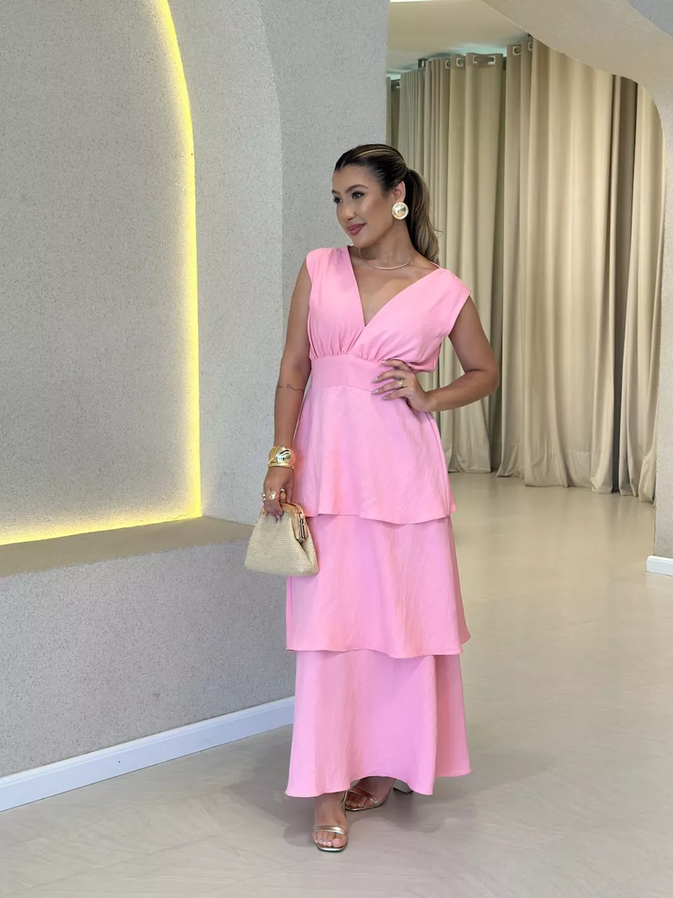 VESTIDO CLARA BABADOS ROSA - 0060740031 - CAROLLA FERRARO