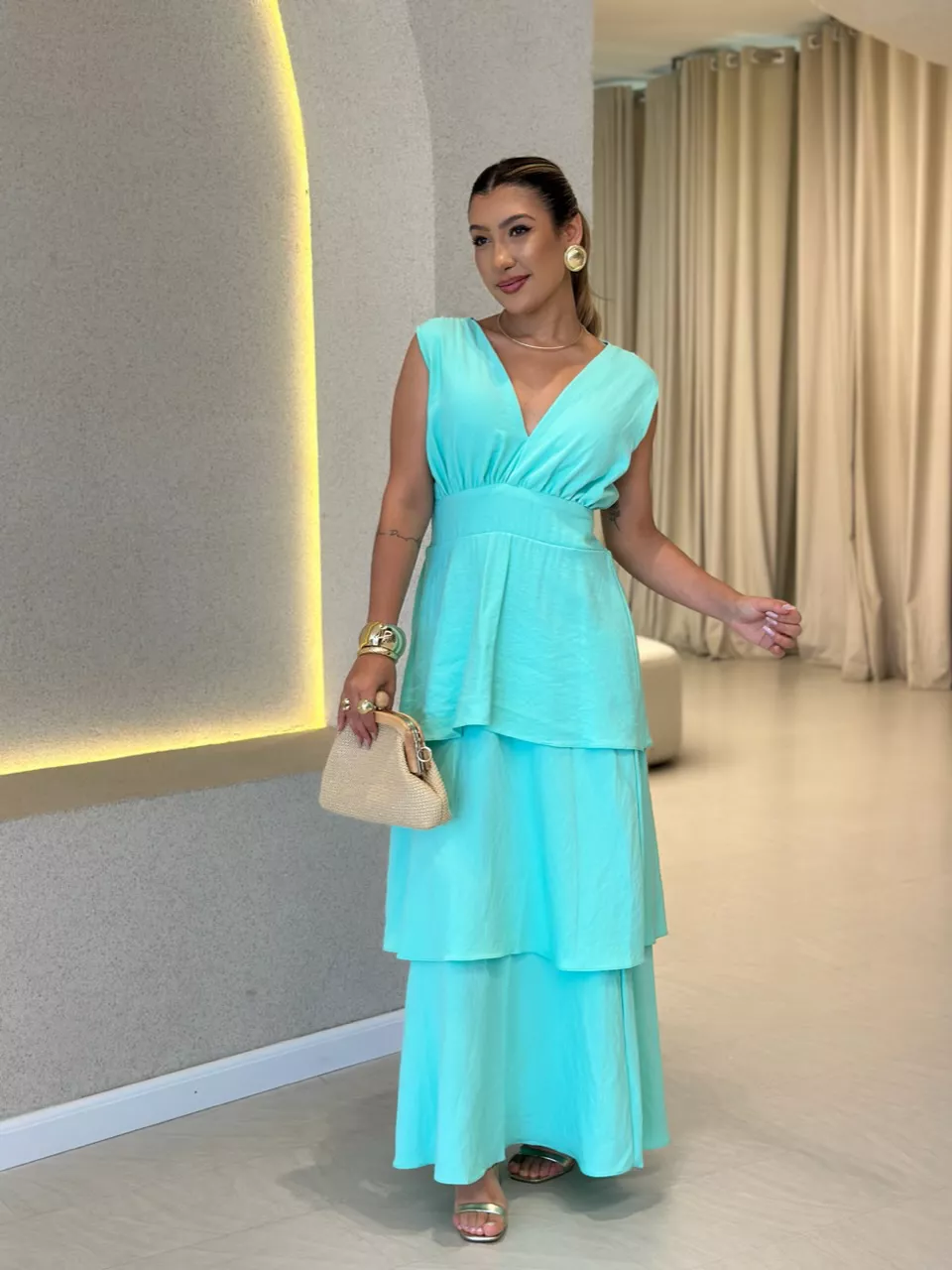 VESTIDO CLARA BABADOS VERDE ÁGUA - 0060740121 - CAROLLA FERRARO