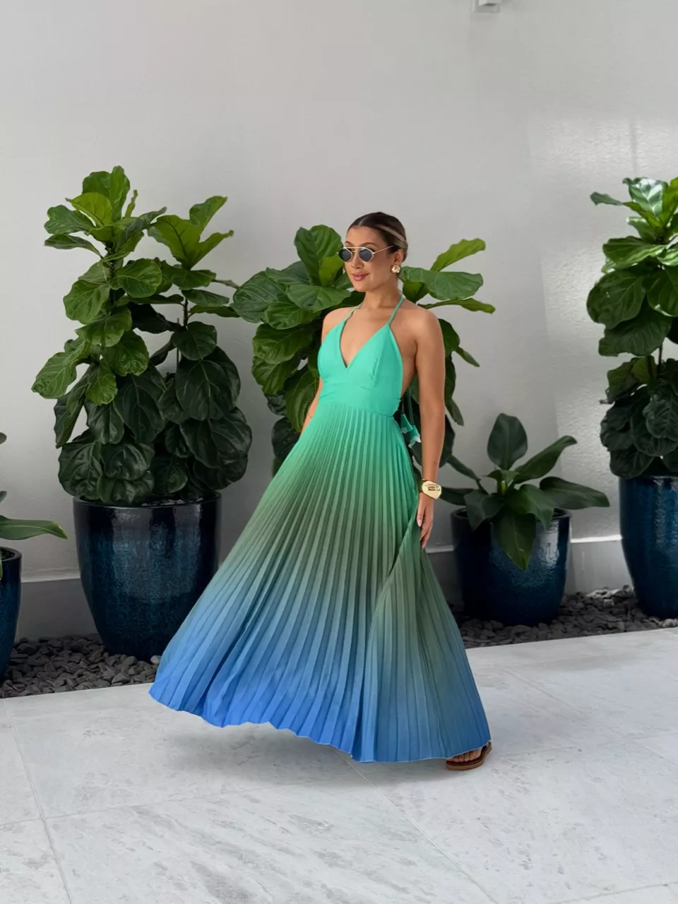 VESTIDO LEBLON PLISSADO VERDE/MARROM - 0060790412 - CAROLLA FERRARO