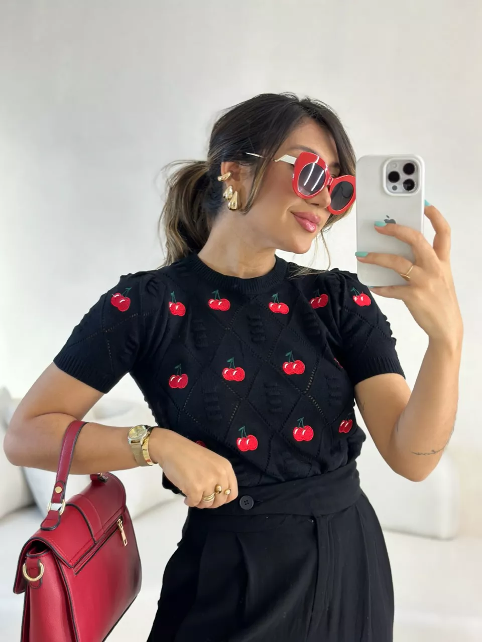BLUSA CEREJA TRICOT PRETA - 0055960033 - CAROLLA FERRARO