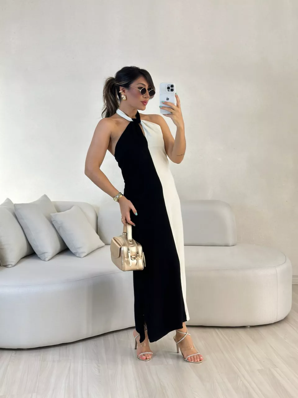 VESTIDO ANA BICOLOR FRENTE UNICA preto