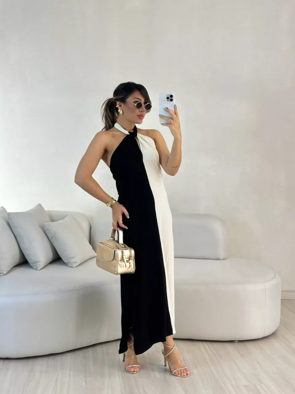 VESTIDO ANA BICOLOR FRENTE UNICA preto