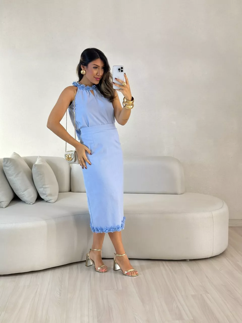 CONJUNTO BETINA SAIA BLUSA FLORES AZUL - 005804010 - CAROLLA FERRARO