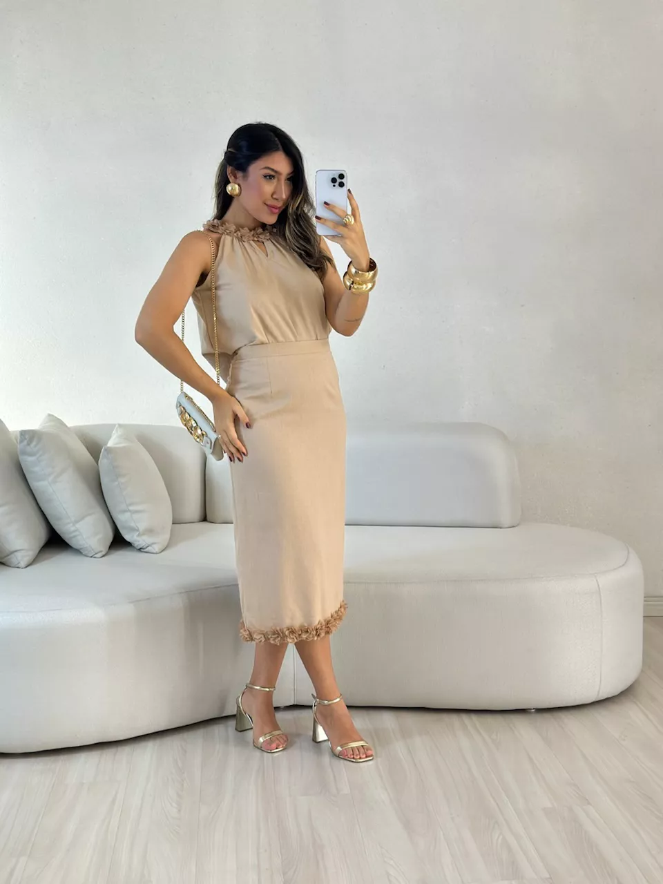 CONJUNTO BETINA SAIA BLUSA FLORES NUDE - 005804004 - CAROLLA FERRARO