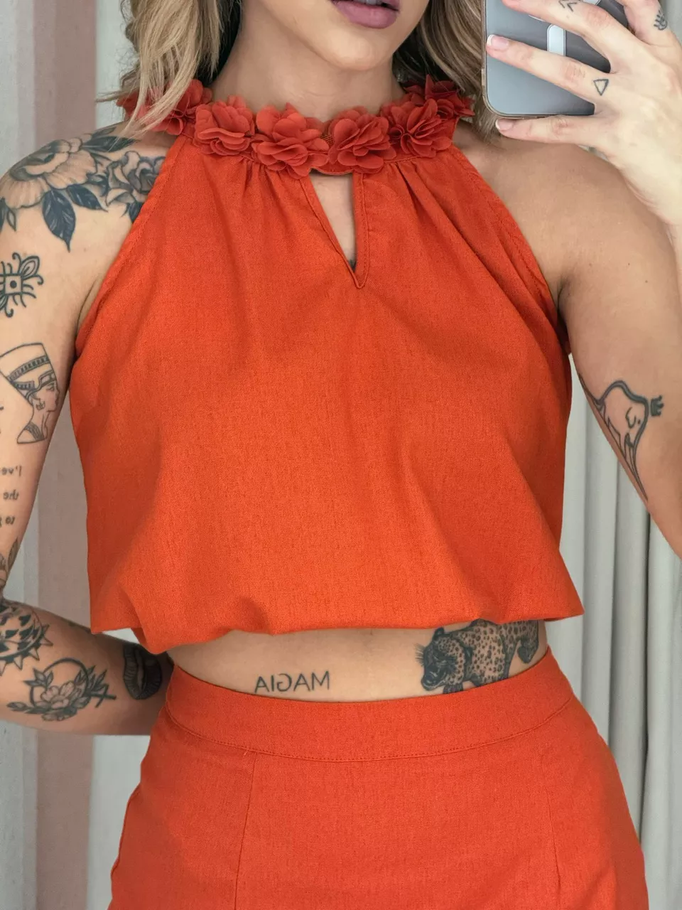 CONJUNTO BETINA SAIA BLUSA FLORES TERRACOTA 