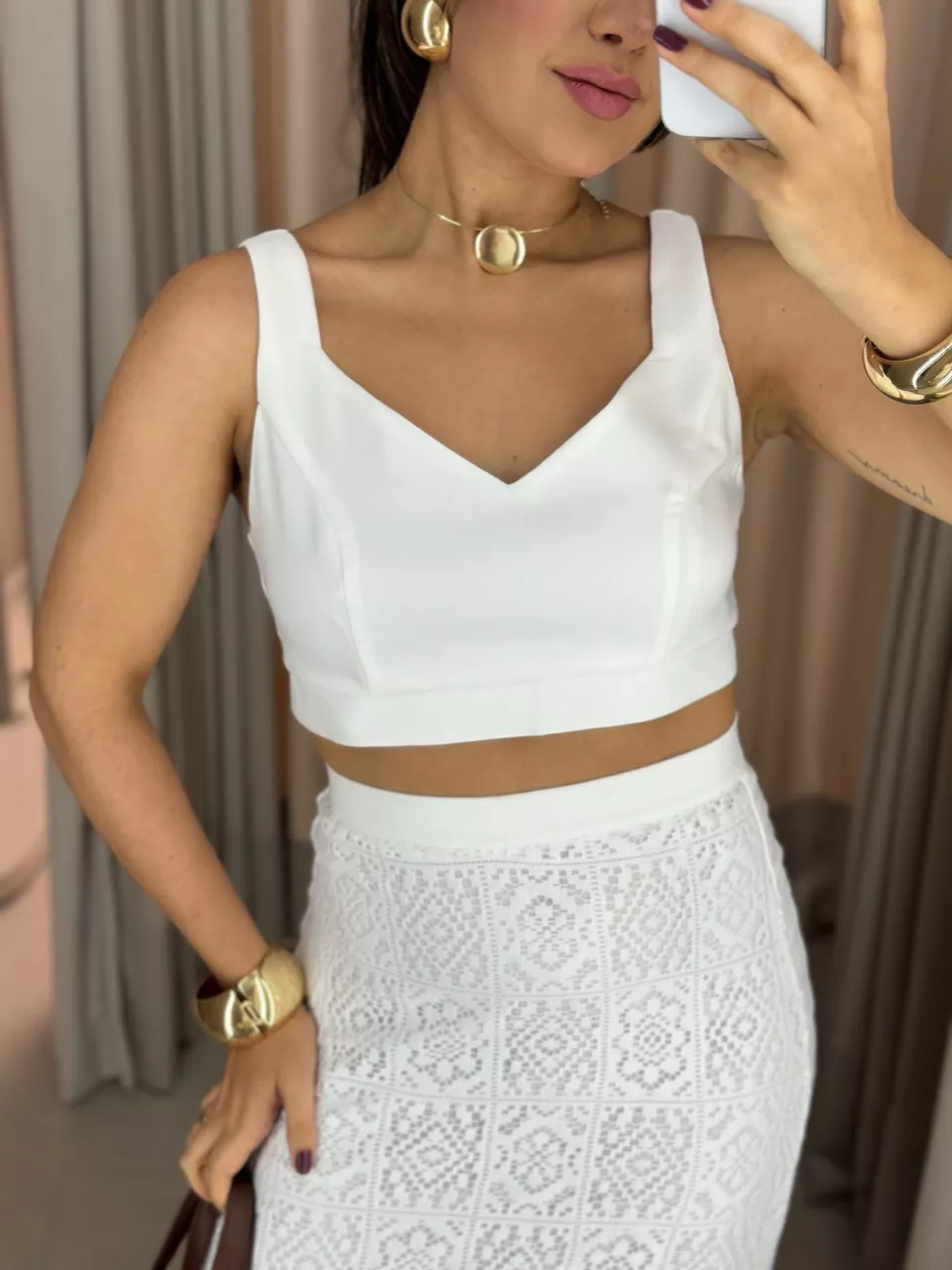 CONJUNTO PIETRA SAIA RENDA CROPPED OFF