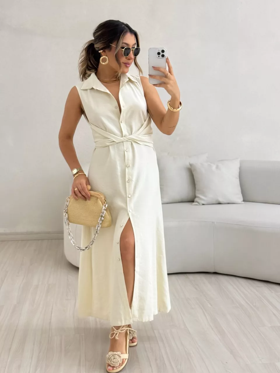 VESTIDO MORGAN BOTÕES Areia - 0061680110 - CAROLLA FERRARO