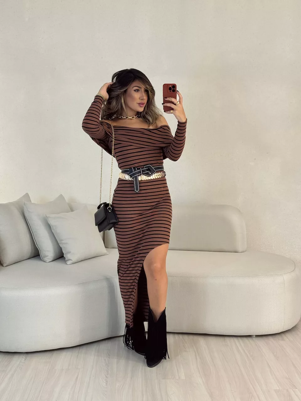 VESTIDO ANGÉLICA LISTRADO MARROM - 0052850054 - CAROLLA FERRARO