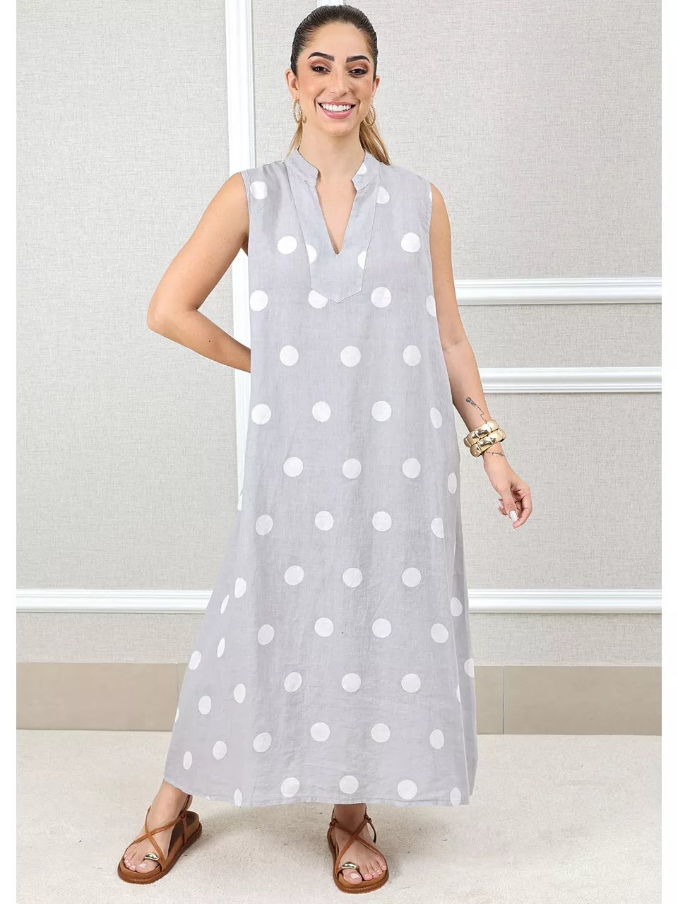 Vestido Laura Linho Italiano Cinza Aperolado