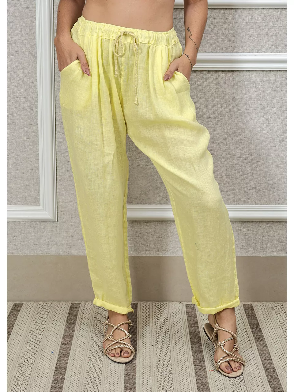 Calça Clássica Linho Italiano Amarelo
