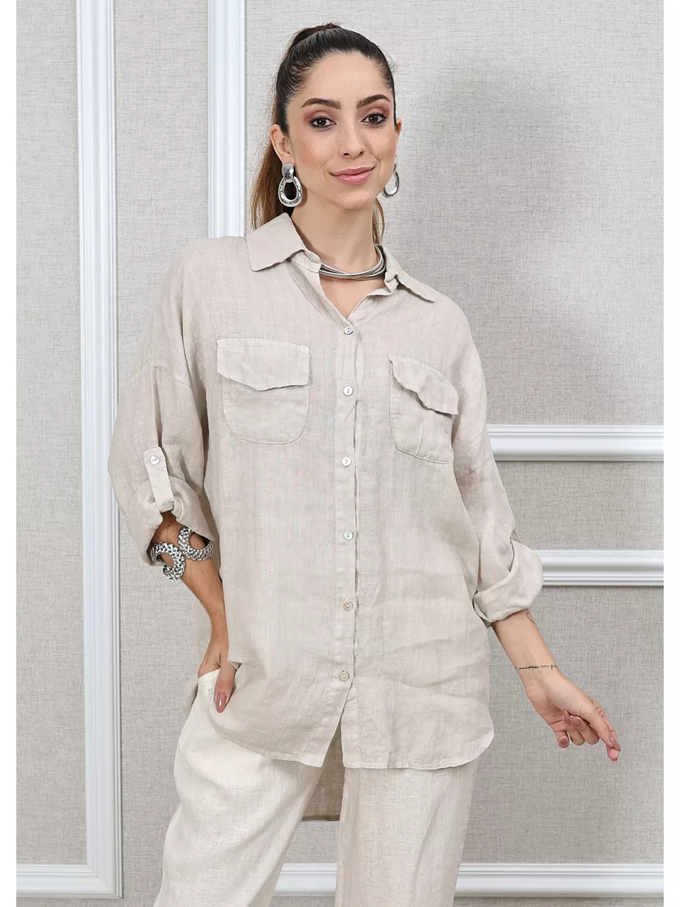Camisa Clássica Linho Italiano Bege
