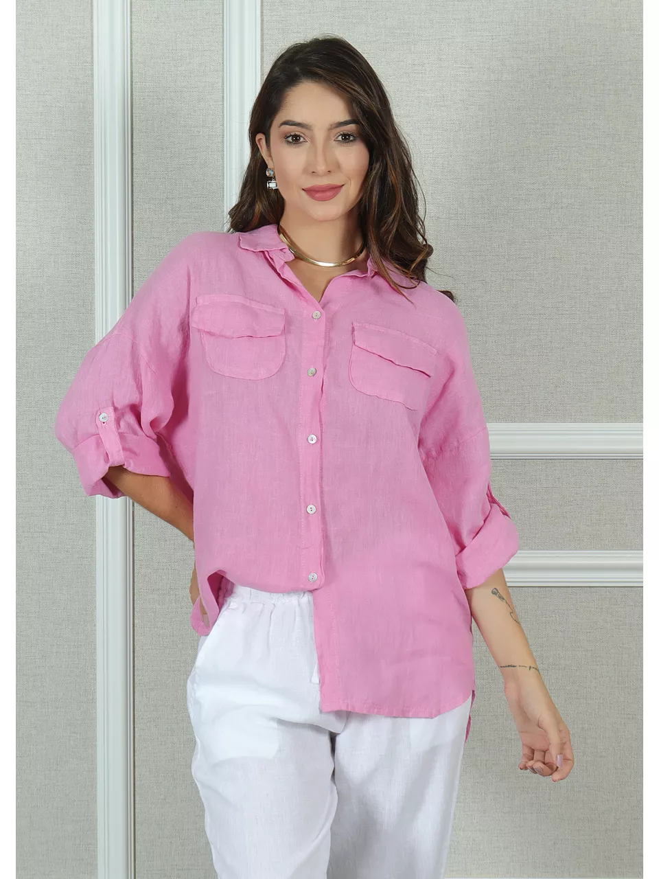 Camisa Clássica Linho Italiano Rosa Chiclete