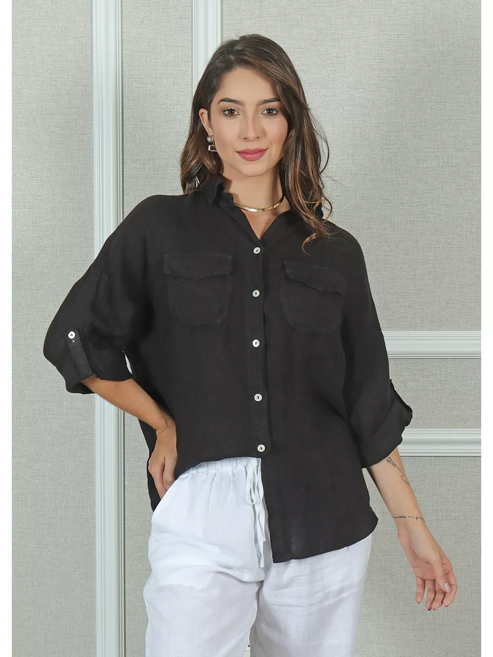 Camisa Clássica Linho Italiano Preta