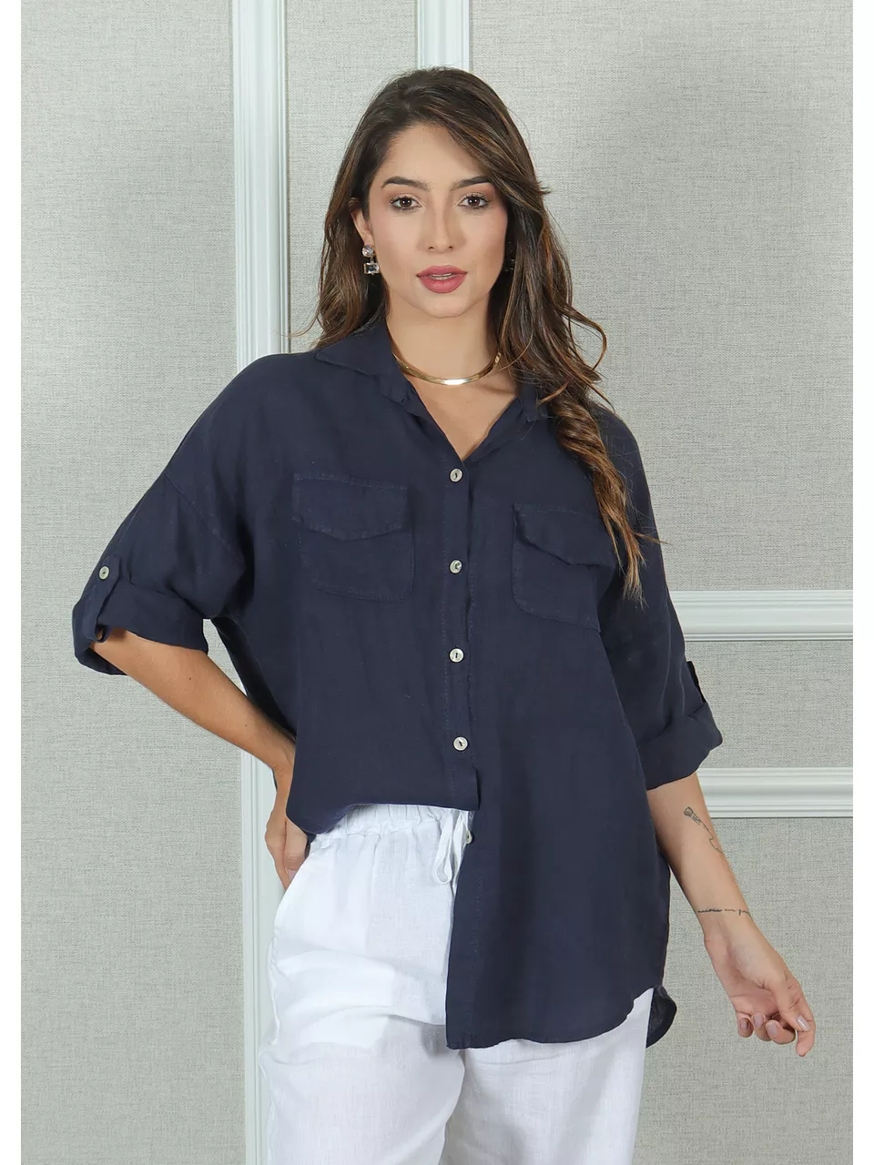 Camisa Clássica Linho Italiano Azul Marinho