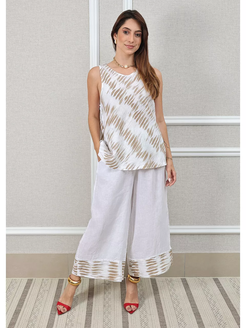 Conjunto Matilde Linho Italiano Branco/Caramelo