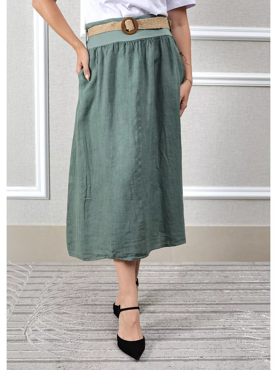 Saia Eulalia Linho Italiano Verde Militar